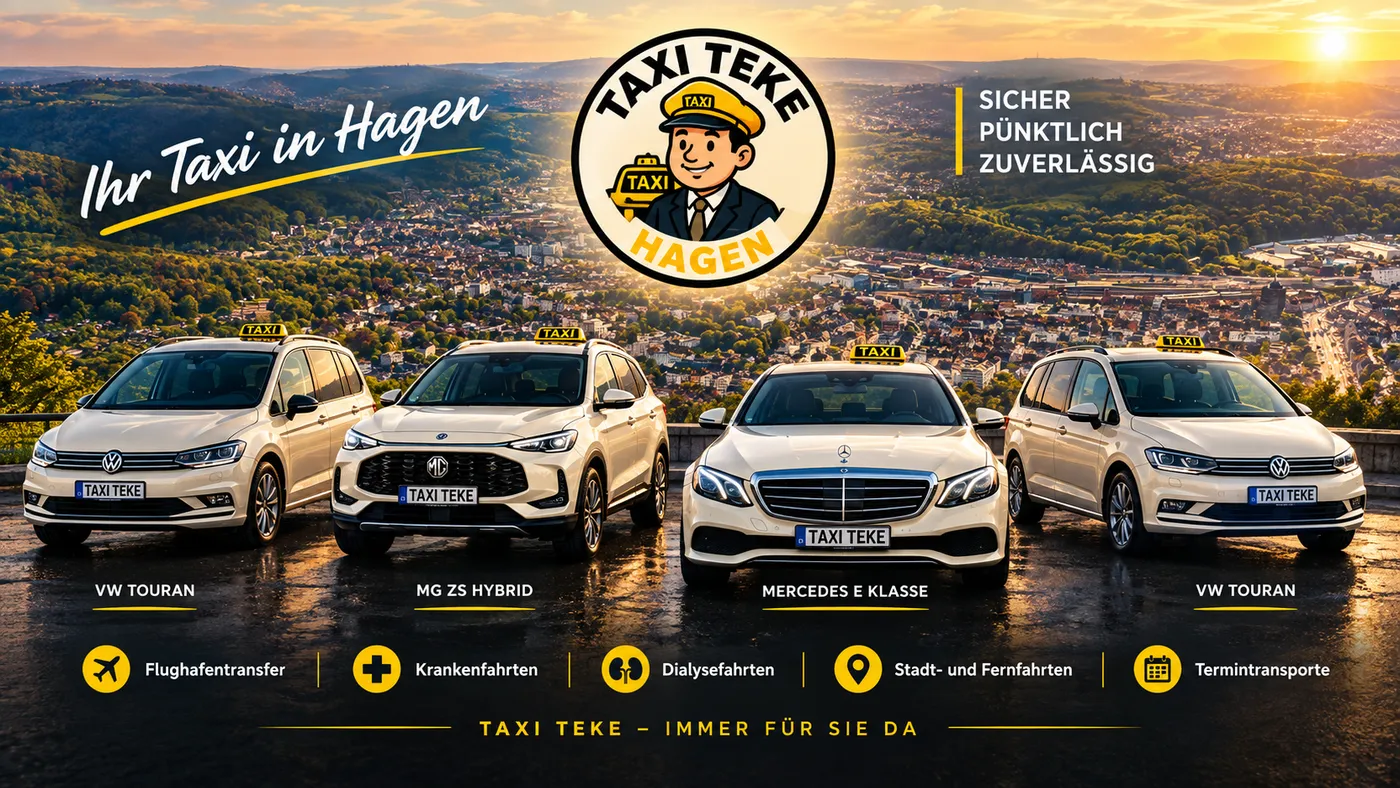Die Flotte von Taxi Teke Hagen vor der Skyline von Hagen: zwei VW Touran, MG ZS Hybrid und Mercedes E-Klasse – sicher, pünktlich, zuverlässig